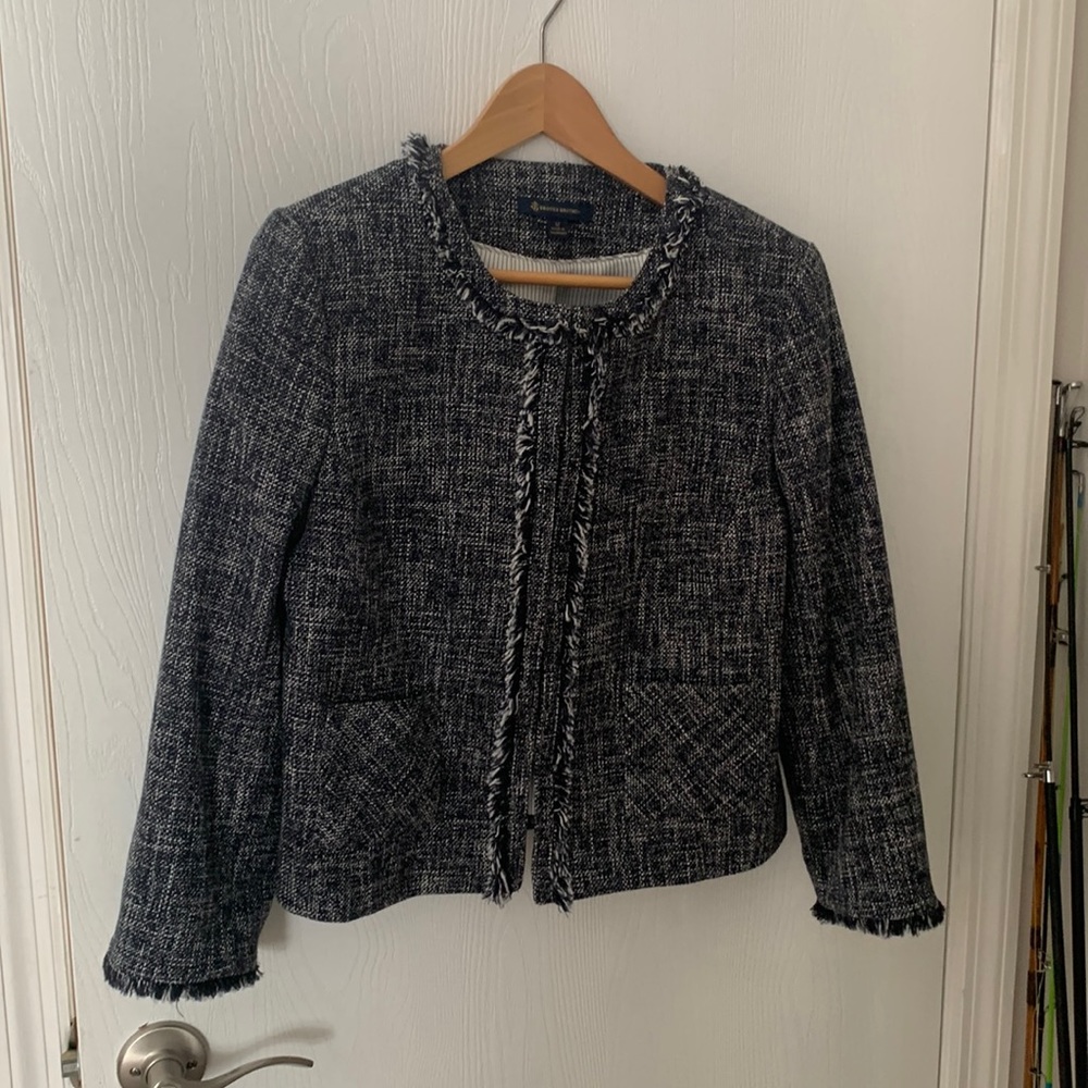 Brooks Brothers Chic Navy Blue Tweed Fringed Jacket - Size 12